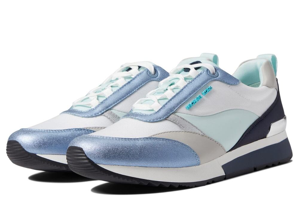 New MK MICHAEL KORS Allie Stride Trainer Lace-Up Sneakers Silver White Blue Sz 7